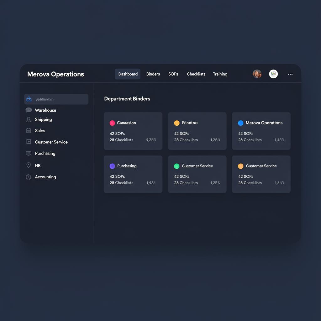 Merova workspace showing department binders and operational structure